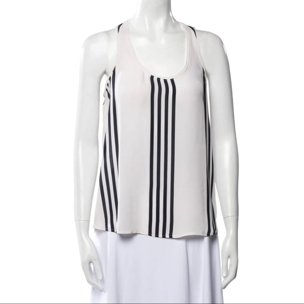 Theory Silk White Racer Back Tank Top with Black Vertical Stripes